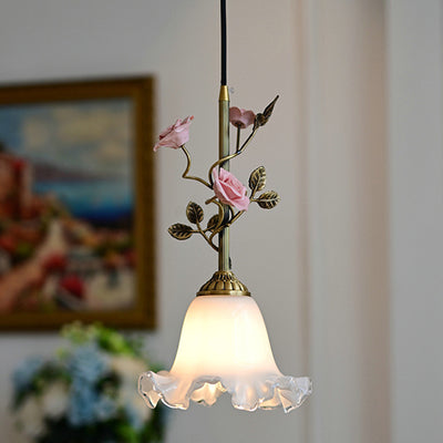 Traditional French Full Brass Glass Rose Dome 1-Light Pendant Light For Bedroom And Living Room