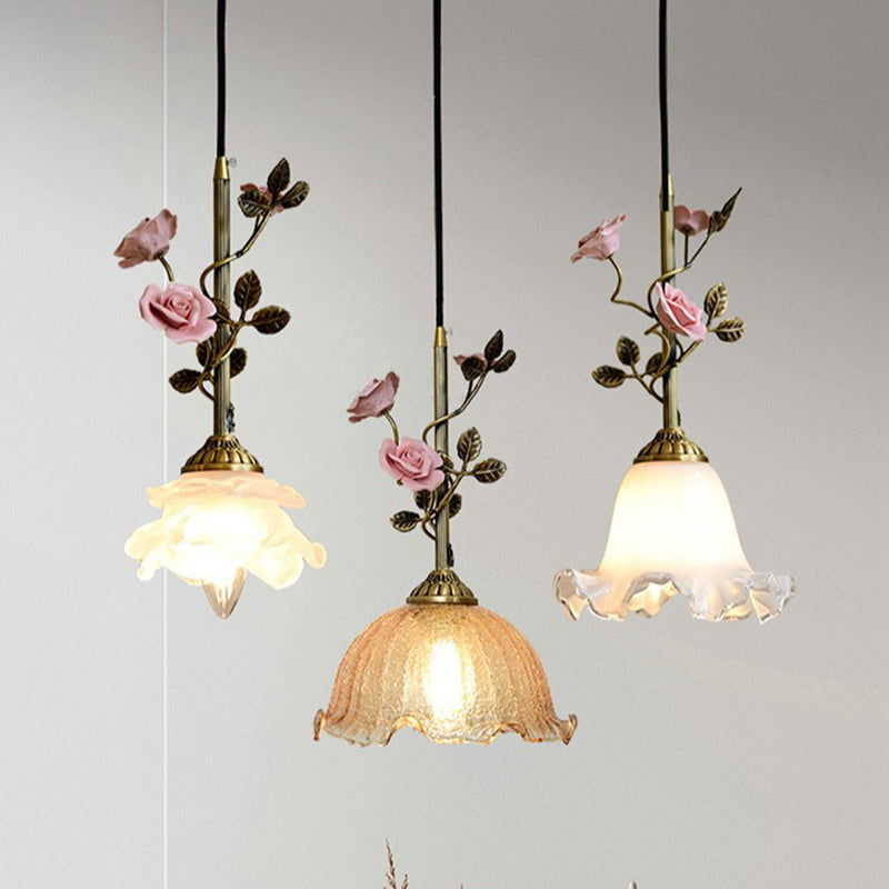 Traditional French Full Brass Glass Rose Dome 1-Light Pendant Light For Bedroom And Living Room