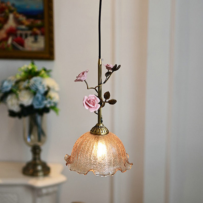 Traditional French Full Brass Glass Rose Dome 1-Light Pendant Light For Bedroom And Living Room