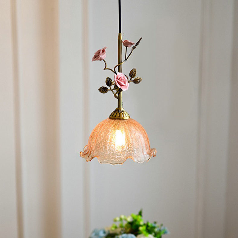 Traditional French Full Brass Glass Rose Dome 1-Light Pendant Light For Bedroom And Living Room