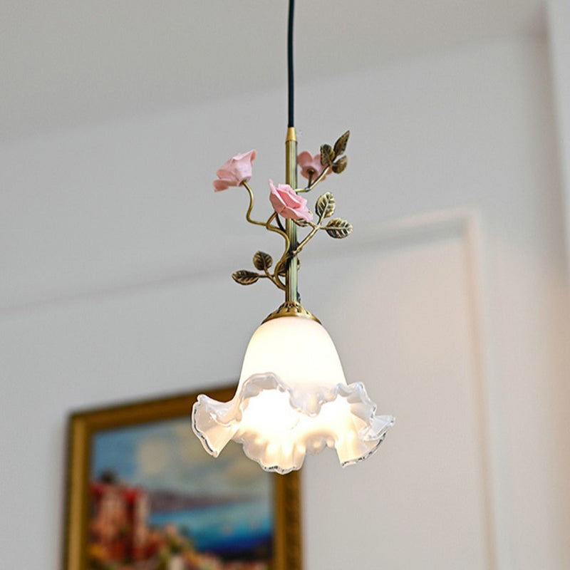 Traditional French Full Brass Glass Rose Dome 1-Light Pendant Light For Bedroom And Living Room