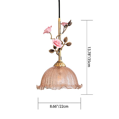 Traditional French Full Brass Glass Rose Dome 1-Light Pendant Light For Bedroom And Living Room