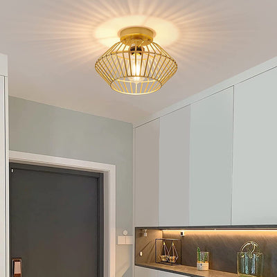 Modern Minimalist Iron Round Wire Cage 1-Light Semi-Flush Mount Ceiling Light For Bedroom And Living Room