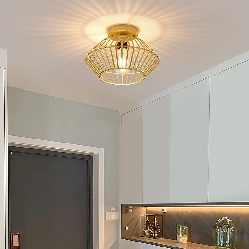 Modern Minimalist Iron Round Wire Cage 1-Light Semi-Flush Mount Ceiling Light For Bedroom And Living Room