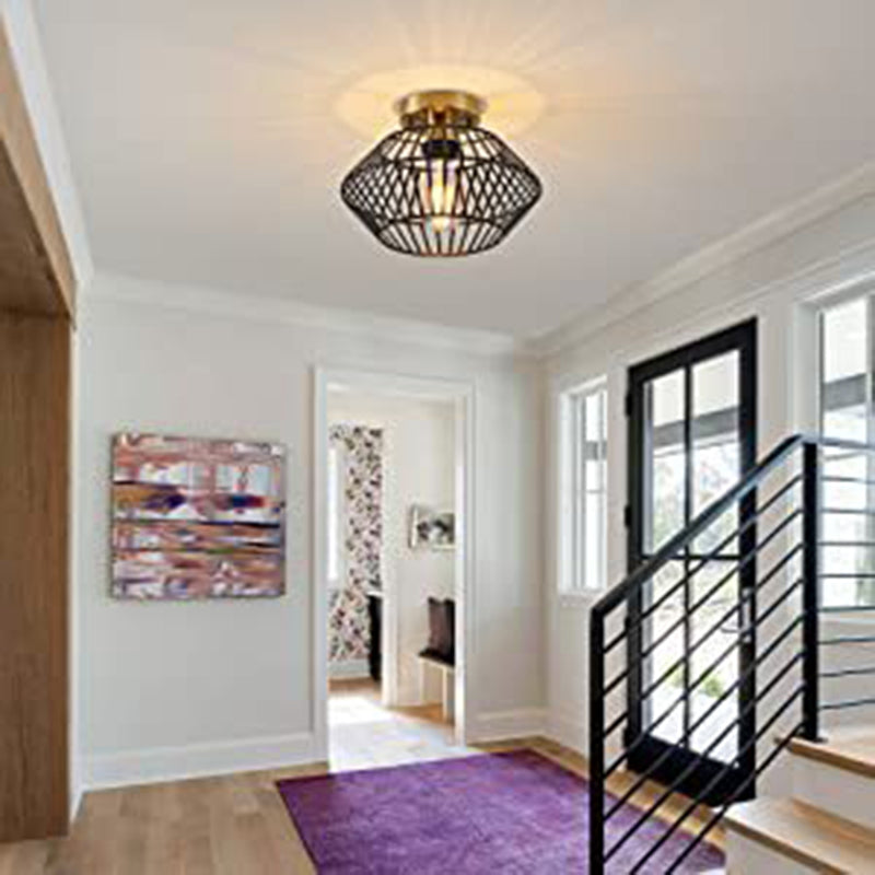 Modern Minimalist Iron Round Wire Cage 1-Light Semi-Flush Mount Ceiling Light For Bedroom And Living Room