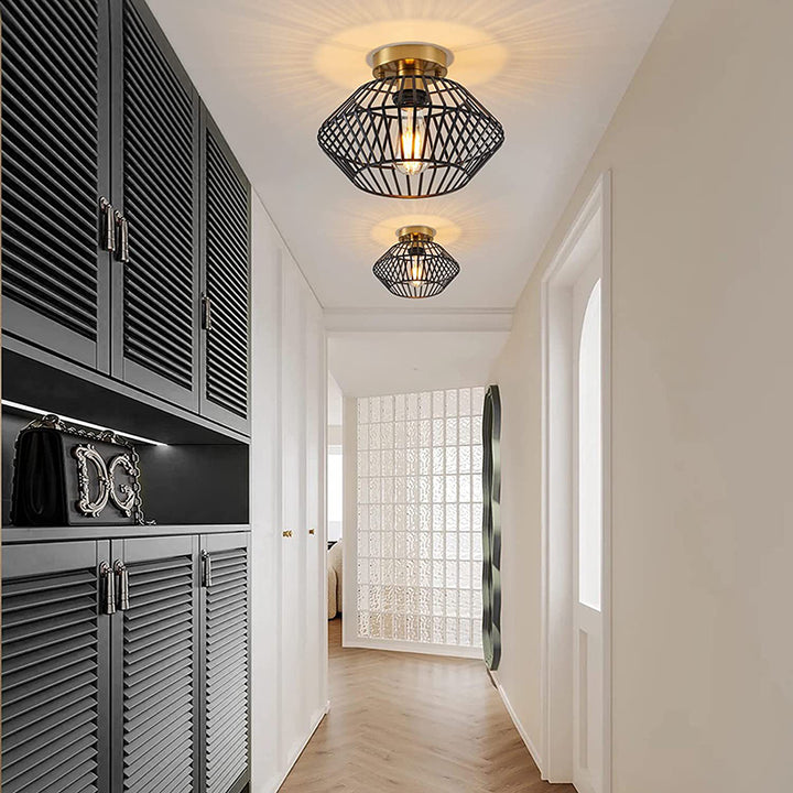 Modern Minimalist Iron Round Wire Cage 1-Light Semi-Flush Mount Ceiling Light For Bedroom And Living Room
