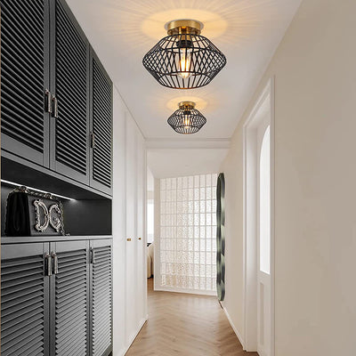 Modern Minimalist Iron Round Wire Cage 1-Light Semi-Flush Mount Ceiling Light For Bedroom And Living Room
