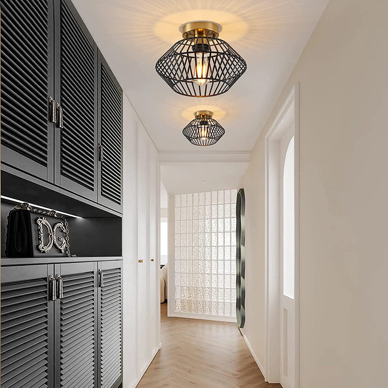 Modern Minimalist Iron Round Wire Cage 1-Light Semi-Flush Mount Ceiling Light For Bedroom And Living Room