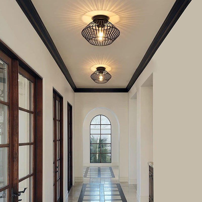 Modern Minimalist Iron Round Wire Cage 1-Light Semi-Flush Mount Ceiling Light For Bedroom And Living Room