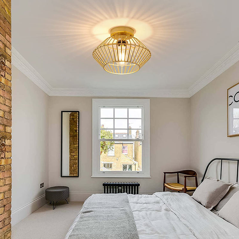 Modern Minimalist Iron Round Wire Cage 1-Light Semi-Flush Mount Ceiling Light For Bedroom And Living Room