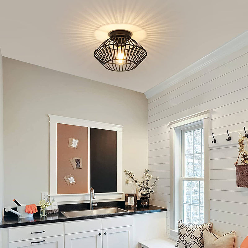 Modern Minimalist Iron Round Wire Cage 1-Light Semi-Flush Mount Ceiling Light For Bedroom And Living Room