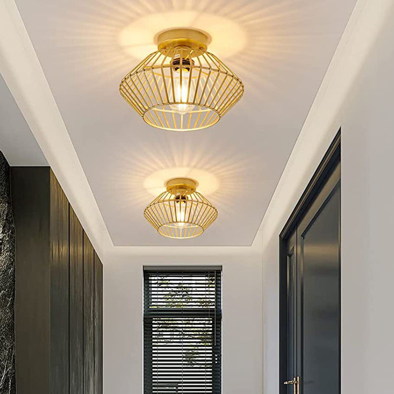 Modern Minimalist Iron Round Wire Cage 1-Light Semi-Flush Mount Ceiling Light For Bedroom And Living Room