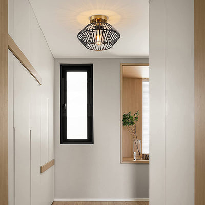 Modern Minimalist Iron Round Wire Cage 1-Light Semi-Flush Mount Ceiling Light For Bedroom And Living Room