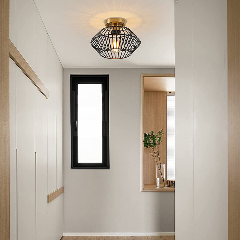 Modern Minimalist Iron Round Wire Cage 1-Light Semi-Flush Mount Ceiling Light For Bedroom And Living Room