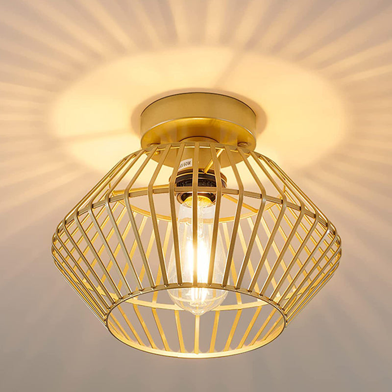 Modern Minimalist Iron Round Wire Cage 1-Light Semi-Flush Mount Ceiling Light For Bedroom And Living Room
