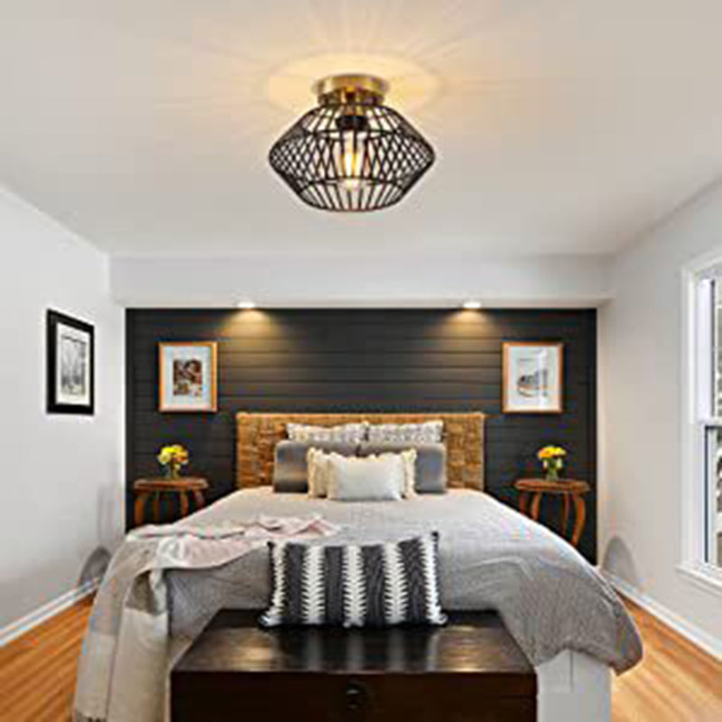 Modern Minimalist Iron Round Wire Cage 1-Light Semi-Flush Mount Ceiling Light For Bedroom And Living Room