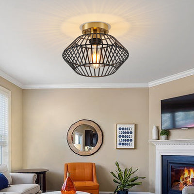 Modern Minimalist Iron Round Wire Cage 1-Light Semi-Flush Mount Ceiling Light For Bedroom And Living Room