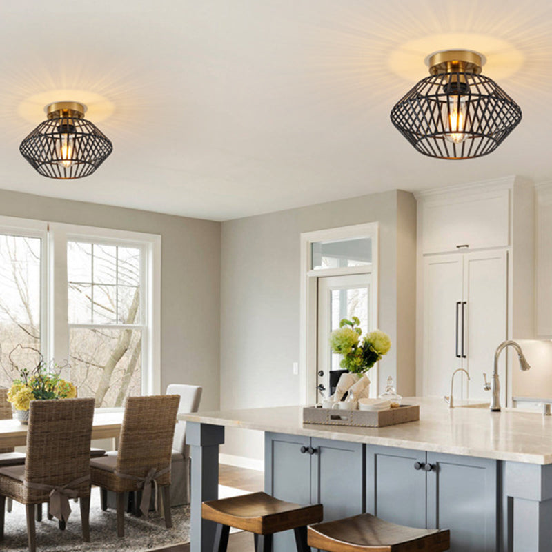 Modern Minimalist Iron Round Wire Cage 1-Light Semi-Flush Mount Ceiling Light For Bedroom And Living Room