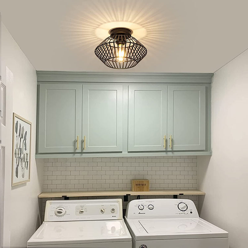 Modern Minimalist Iron Round Wire Cage 1-Light Semi-Flush Mount Ceiling Light For Bedroom And Living Room