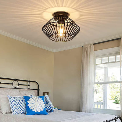 Modern Minimalist Iron Round Wire Cage 1-Light Semi-Flush Mount Ceiling Light For Bedroom And Living Room