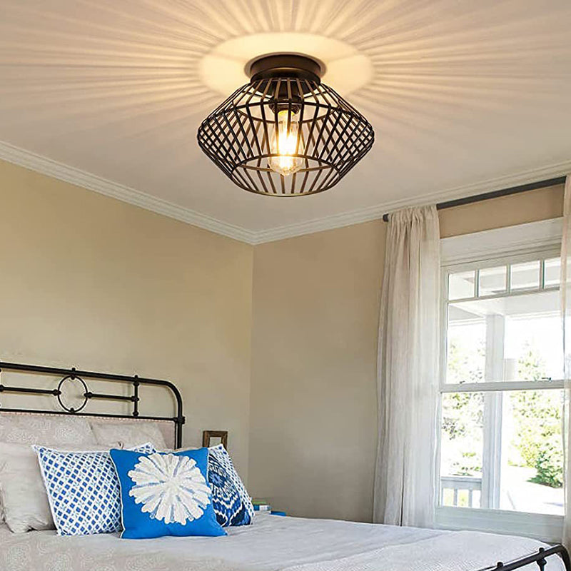 Modern Minimalist Iron Round Wire Cage 1-Light Semi-Flush Mount Ceiling Light For Bedroom And Living Room