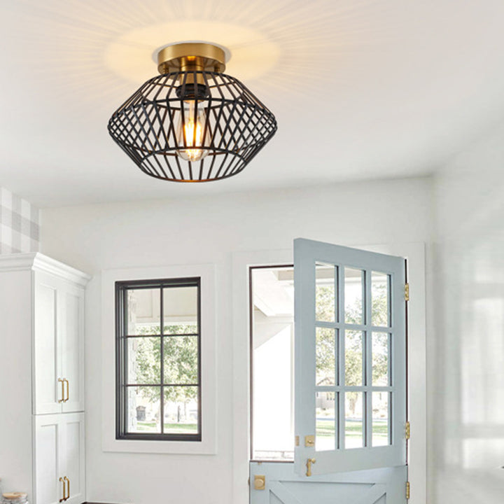 Modern Minimalist Iron Round Wire Cage 1-Light Semi-Flush Mount Ceiling Light For Bedroom And Living Room