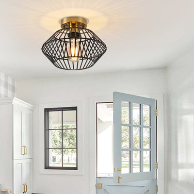 Modern Minimalist Iron Round Wire Cage 1-Light Semi-Flush Mount Ceiling Light For Bedroom And Living Room