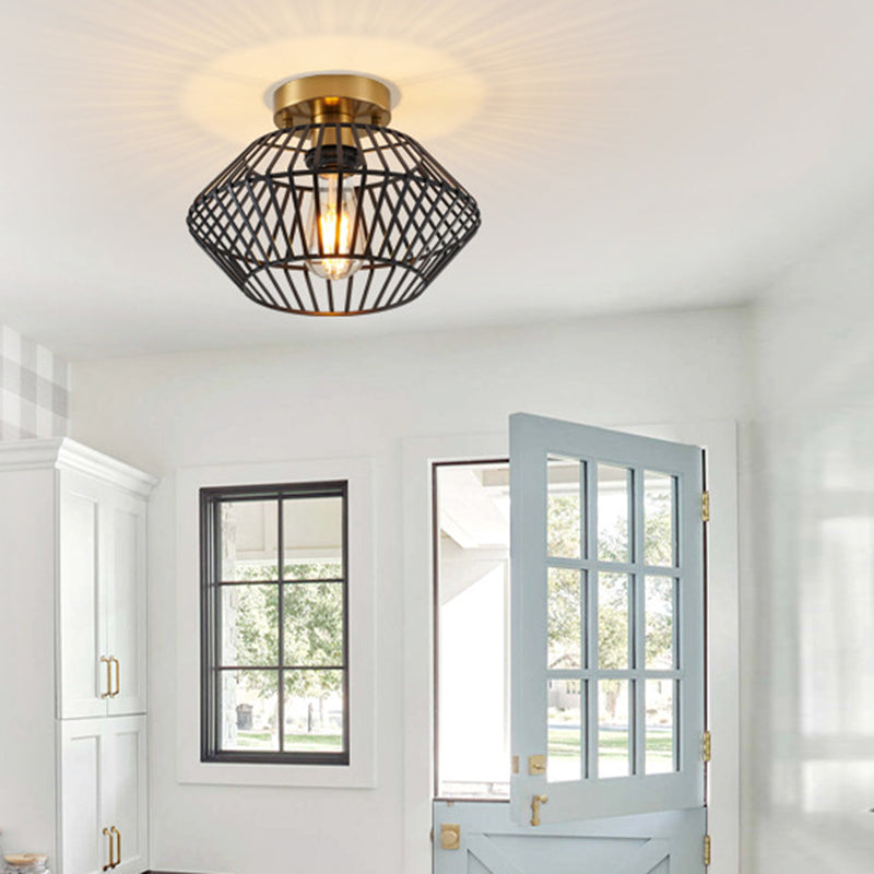 Modern Minimalist Iron Round Wire Cage 1-Light Semi-Flush Mount Ceiling Light For Bedroom And Living Room