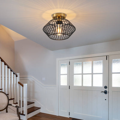 Modern Minimalist Iron Round Wire Cage 1-Light Semi-Flush Mount Ceiling Light For Bedroom And Living Room
