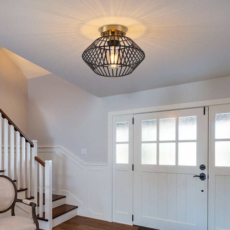 Modern Minimalist Iron Round Wire Cage 1-Light Semi-Flush Mount Ceiling Light For Bedroom And Living Room