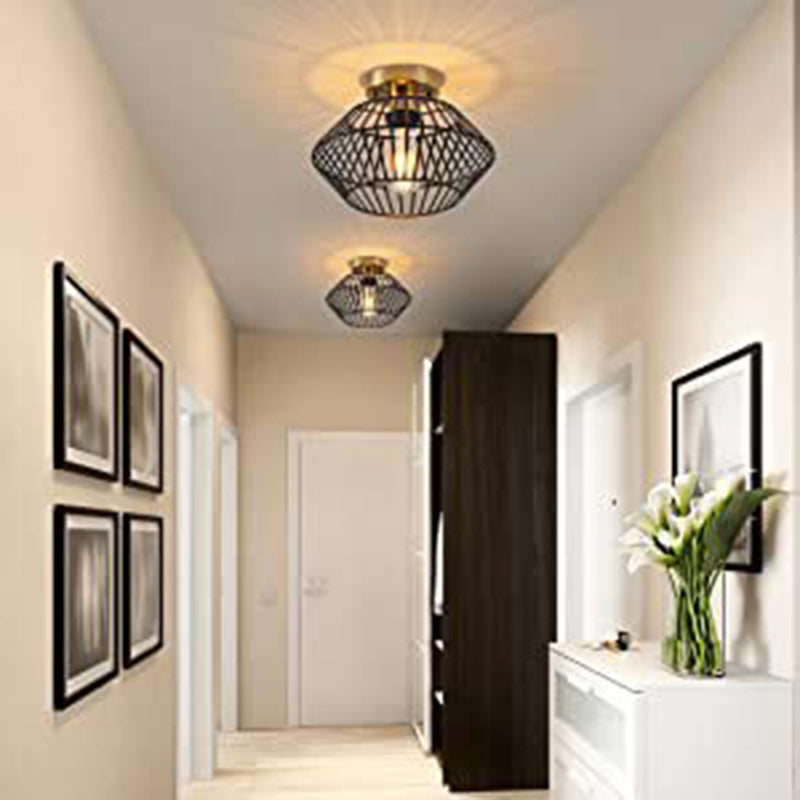 Modern Minimalist Iron Round Wire Cage 1-Light Semi-Flush Mount Ceiling Light For Bedroom And Living Room