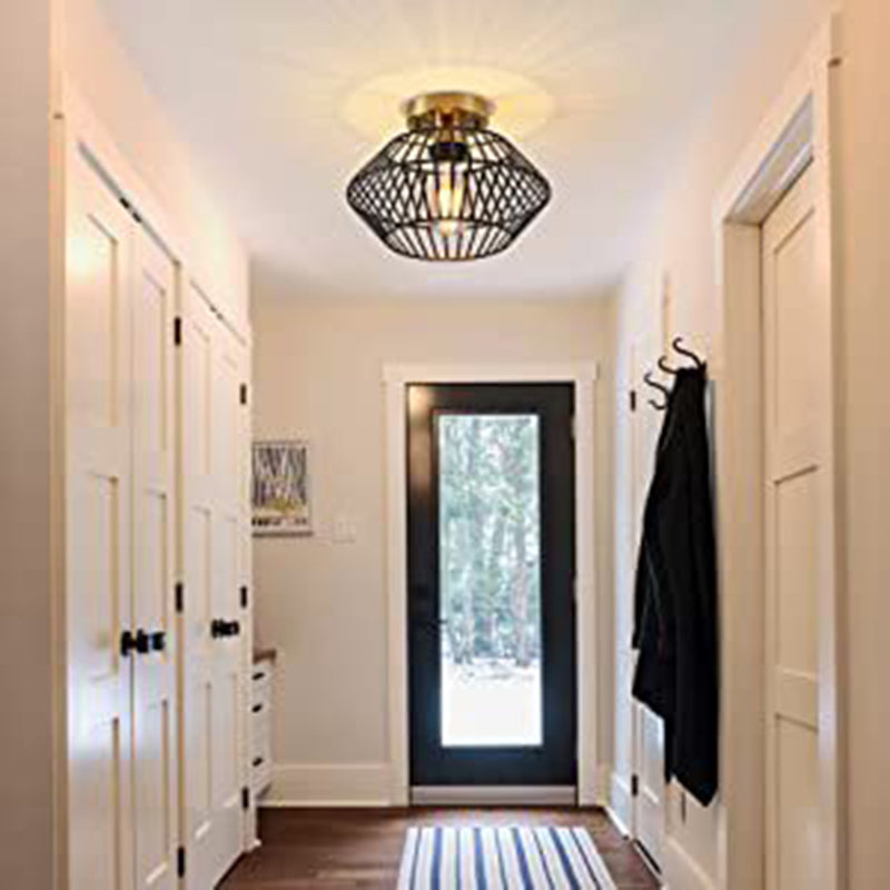 Modern Minimalist Iron Round Wire Cage 1-Light Semi-Flush Mount Ceiling Light For Bedroom And Living Room