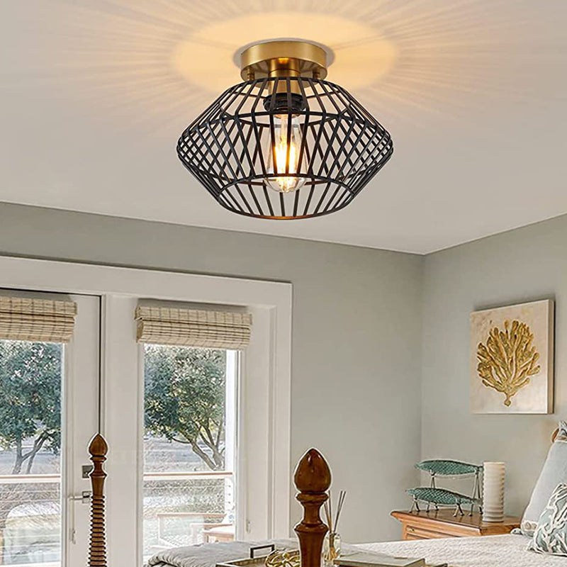 Modern Minimalist Iron Round Wire Cage 1-Light Semi-Flush Mount Ceiling Light For Bedroom And Living Room