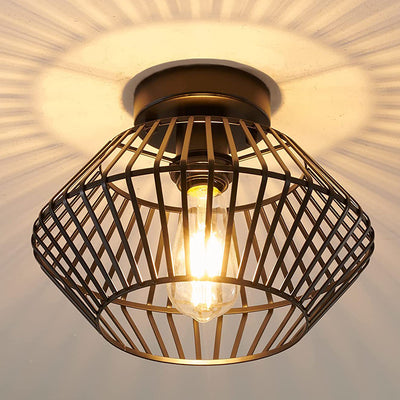 Modern Minimalist Iron Round Wire Cage 1-Light Semi-Flush Mount Ceiling Light For Bedroom And Living Room