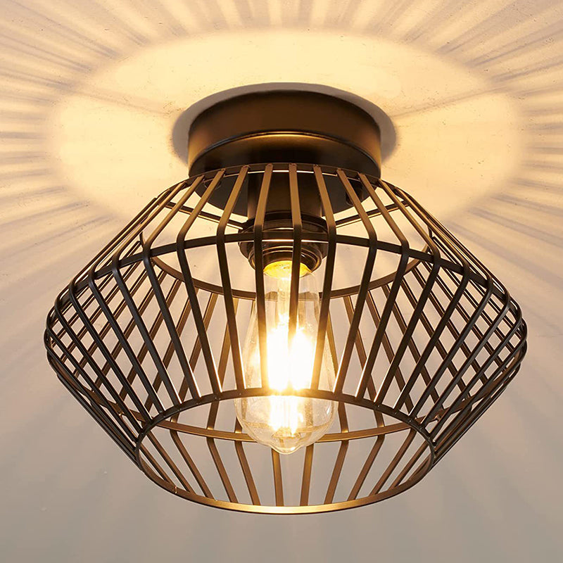 Modern Minimalist Iron Round Wire Cage 1-Light Semi-Flush Mount Ceiling Light For Bedroom And Living Room