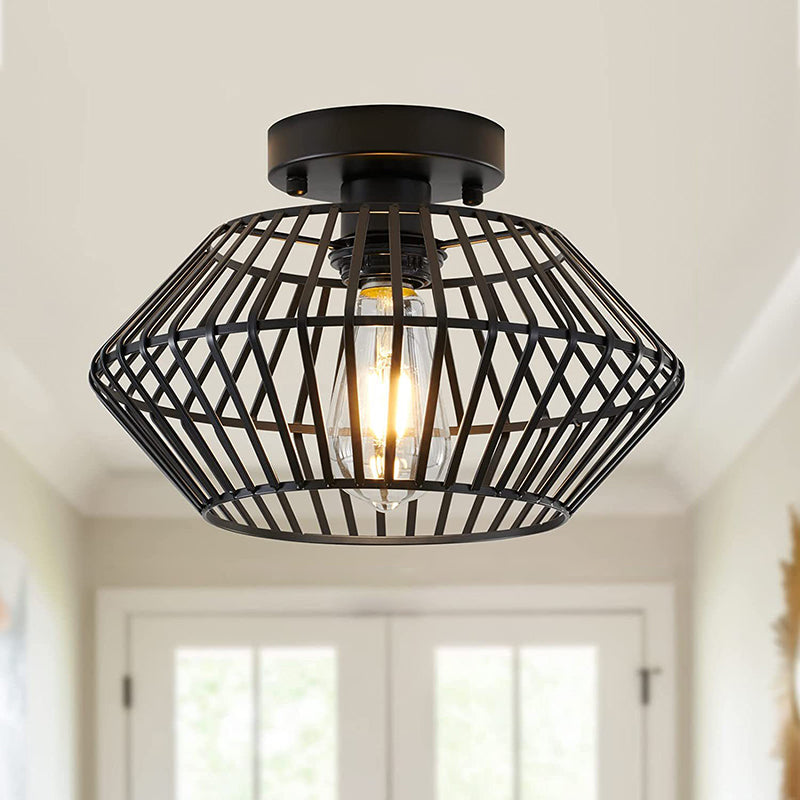Modern Minimalist Iron Round Wire Cage 1-Light Semi-Flush Mount Ceiling Light For Bedroom And Living Room