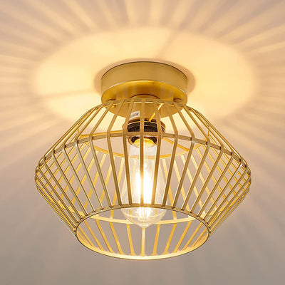 Modern Minimalist Iron Round Wire Cage 1-Light Semi-Flush Mount Ceiling Light For Bedroom And Living Room