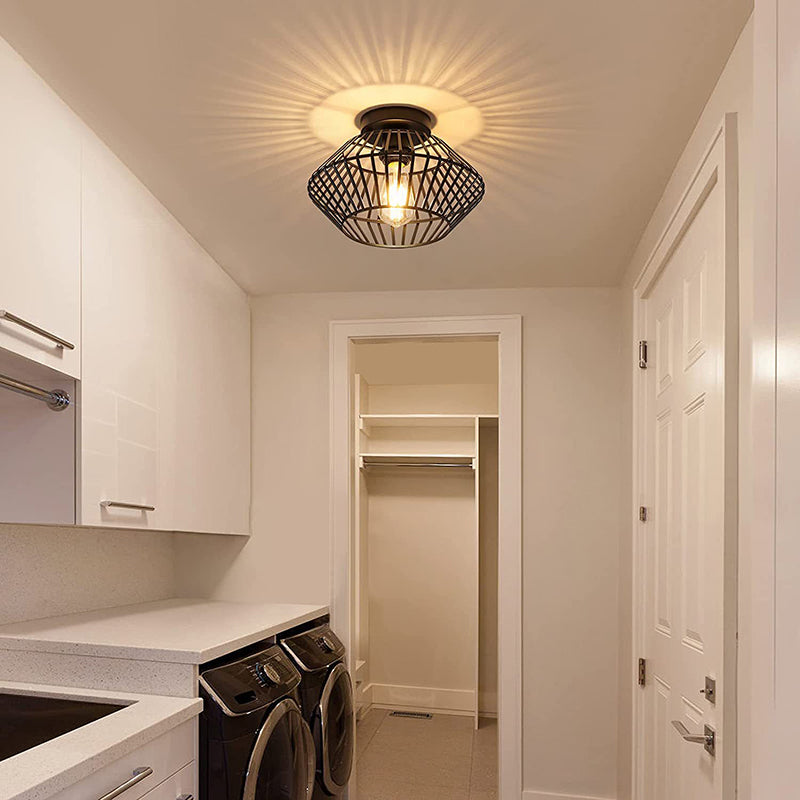 Modern Minimalist Iron Round Wire Cage 1-Light Semi-Flush Mount Ceiling Light For Bedroom And Living Room