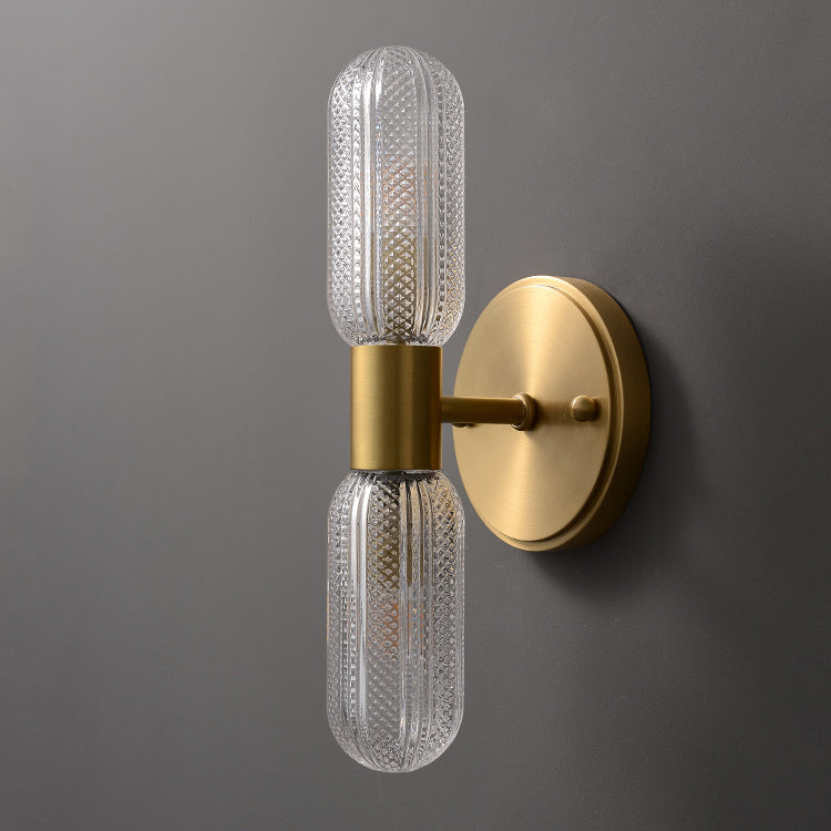 Modern Luxury Copper And Glass Cylinder Diamond Texture 2-Light Wall Sconce Lamp For Living Room And Bedroom