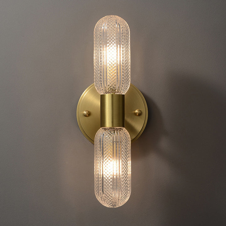 Modern Luxury Copper And Glass Cylinder Diamond Texture 2-Light Wall Sconce Lamp For Living Room And Bedroom