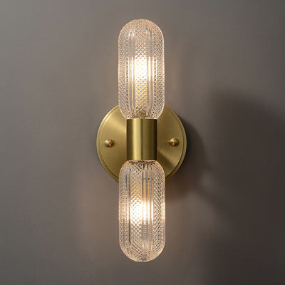Modern Luxury Copper And Glass Cylinder Diamond Texture 2-Light Wall Sconce Lamp For Living Room And Bedroom