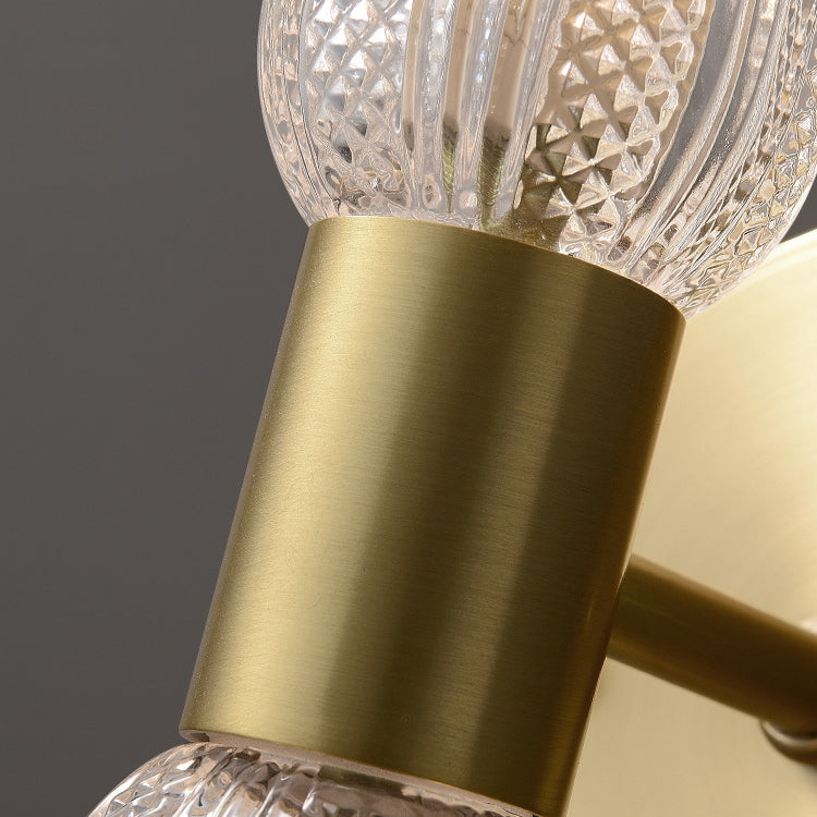 Modern Luxury Copper And Glass Cylinder Diamond Texture 2-Light Wall Sconce Lamp For Living Room And Bedroom
