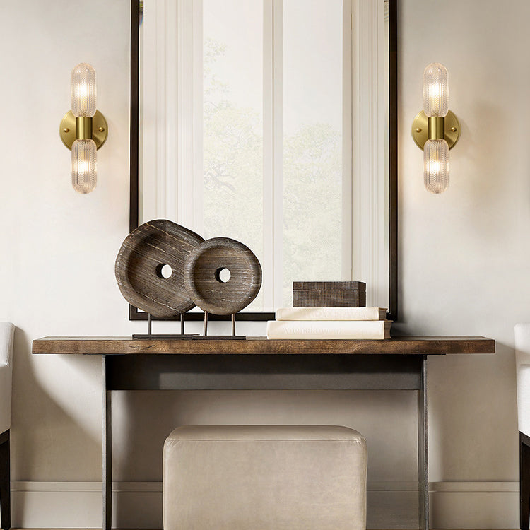 Modern Luxury Copper And Glass Cylinder Diamond Texture 2-Light Wall Sconce Lamp For Living Room And Bedroom