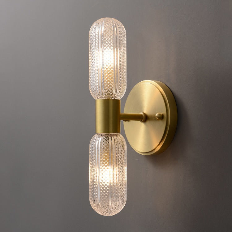 Modern Luxury Copper And Glass Cylinder Diamond Texture 2-Light Wall Sconce Lamp For Living Room And Bedroom
