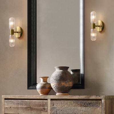 Modern Luxury Copper And Glass Cylinder Diamond Texture 2-Light Wall Sconce Lamp For Living Room And Bedroom