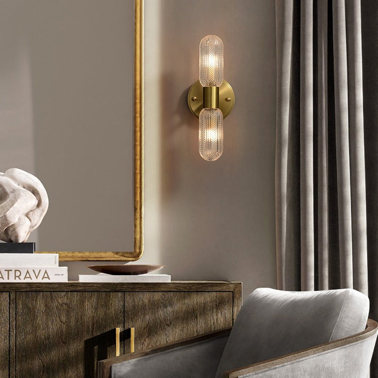 Modern Luxury Copper And Glass Cylinder Diamond Texture 2-Light Wall Sconce Lamp For Living Room And Bedroom
