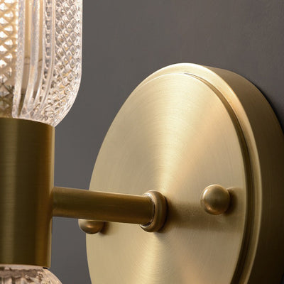 Modern Luxury Copper And Glass Cylinder Diamond Texture 2-Light Wall Sconce Lamp For Living Room And Bedroom