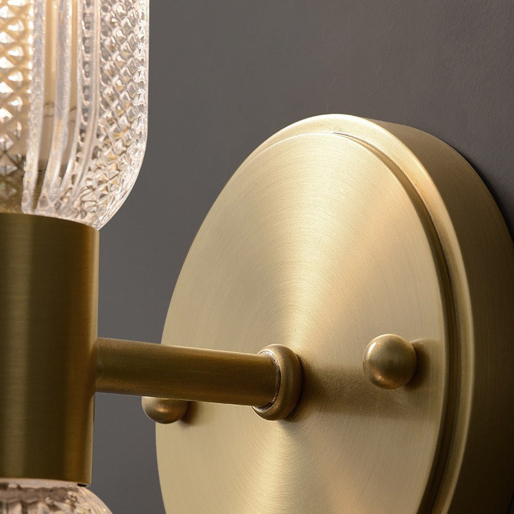 Modern Luxury Copper And Glass Cylinder Diamond Texture 2-Light Wall Sconce Lamp For Living Room And Bedroom
