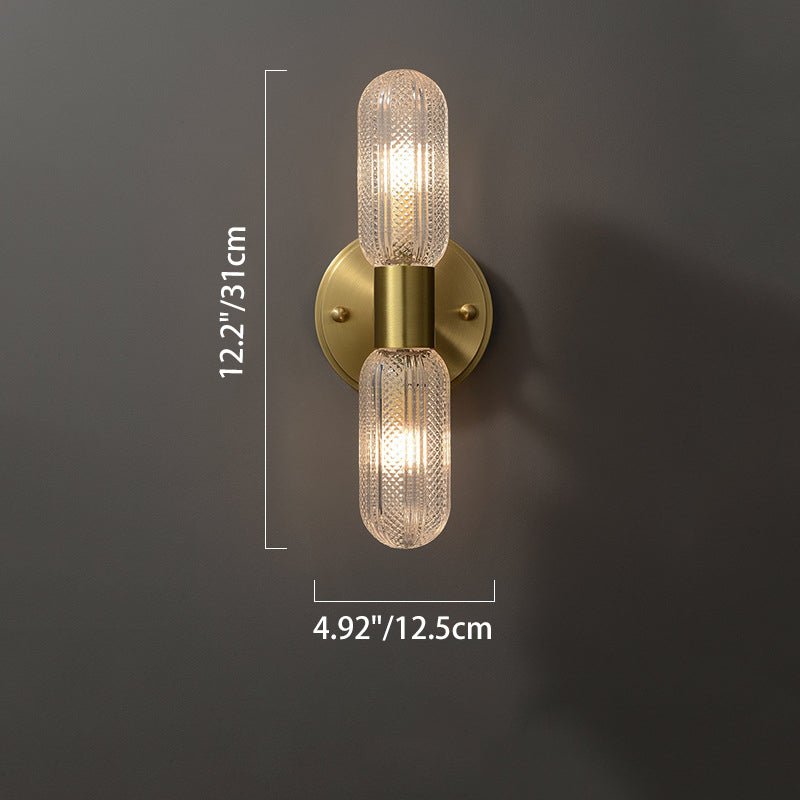 Modern Luxury Copper And Glass Cylinder Diamond Texture 2-Light Wall Sconce Lamp For Living Room And Bedroom