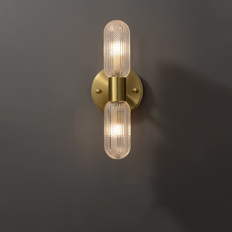 Modern Luxury Copper And Glass Cylinder Diamond Texture 2-Light Wall Sconce Lamp For Living Room And Bedroom